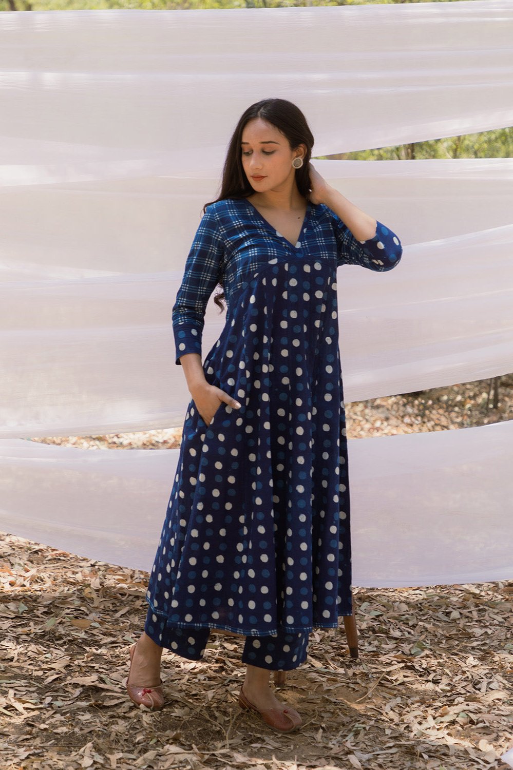 Indigo Polka Kalidar Bahaar Dress with Indigo Pants - Set of 2