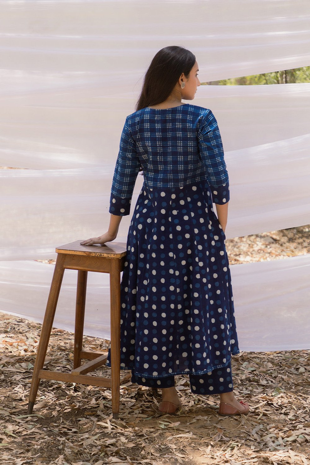 Indigo Polka Kalidar Bahaar Dress with Indigo Pants - Set of 2