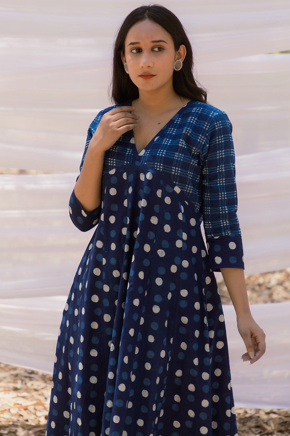 Indigo Polka Kalidar Bahaar Dress with Indigo Pants - Set of 2