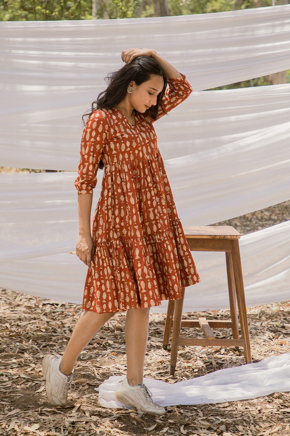 V Neck Graduated Red Fish Print Dress