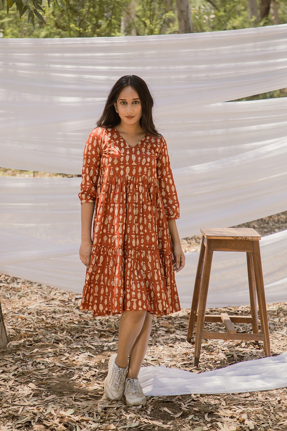 V Neck Graduated Red Fish Print Dress