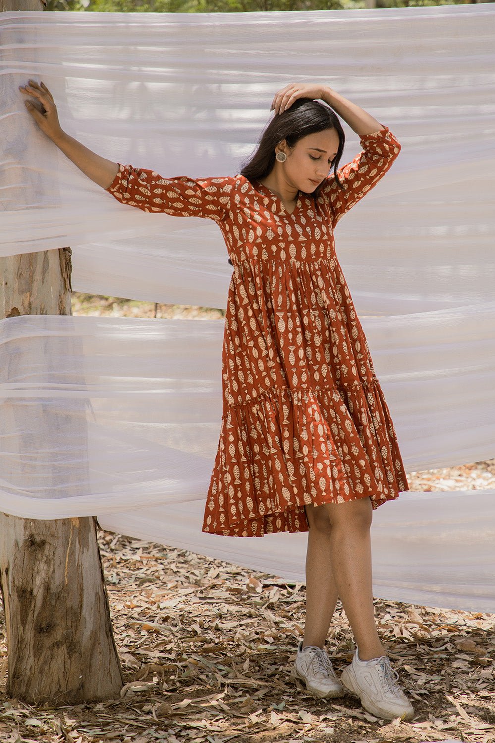 V Neck Graduated Red Fish Print Dress