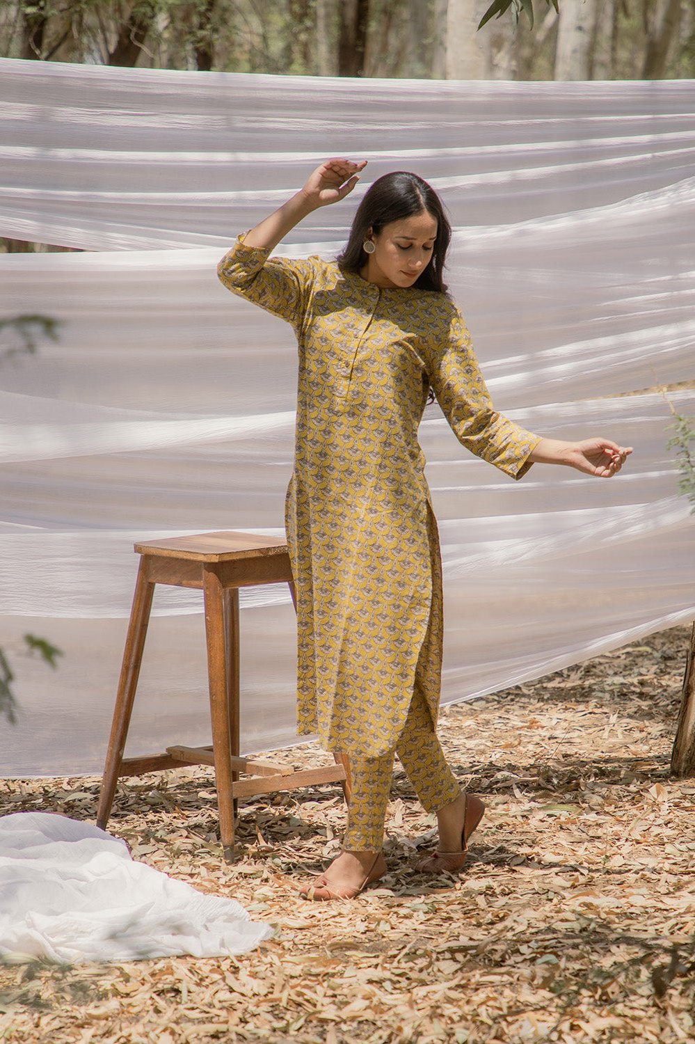 Mustard Ajrak Print Pathani Kurta with Straight Pant