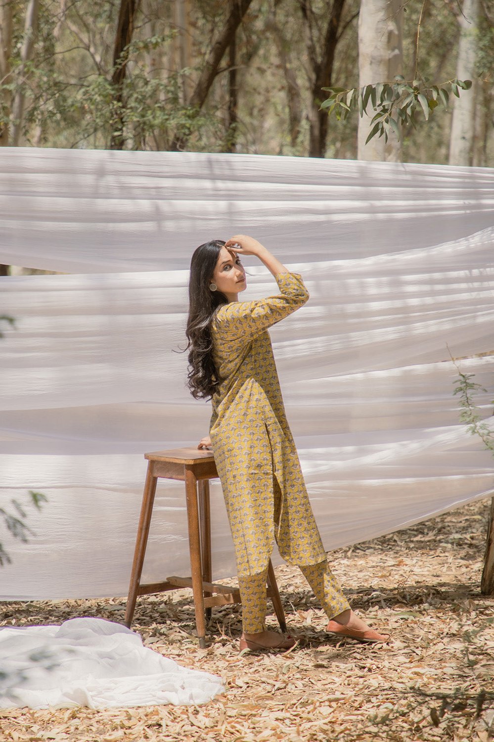 Mustard Ajrak Print Pathani Kurta with Straight Pant