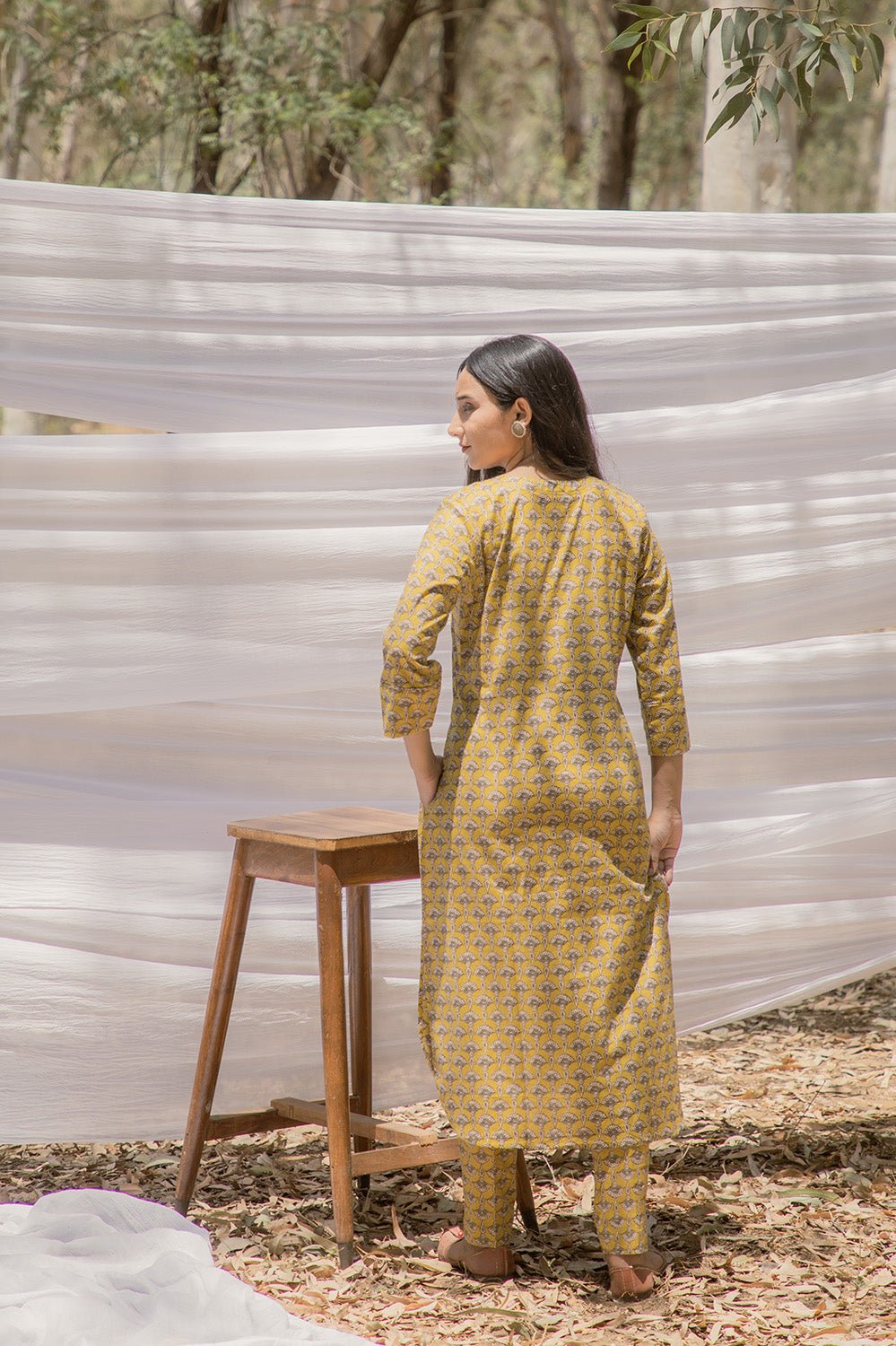 Mustard Ajrak Print Pathani Kurta with Straight Pant