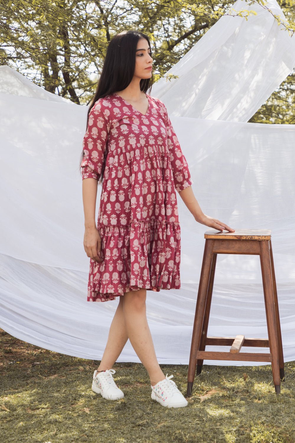 Pink V Neck Block Print Graduated Dress