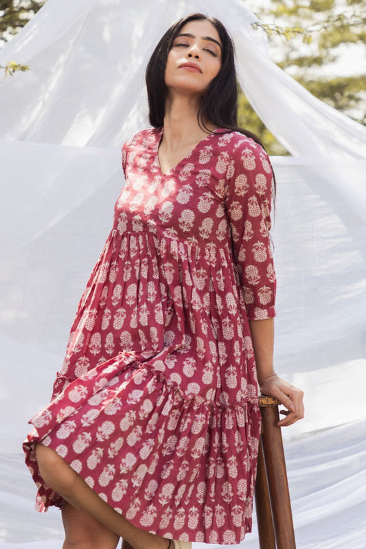 Pink V Neck Block Print Graduated Dress