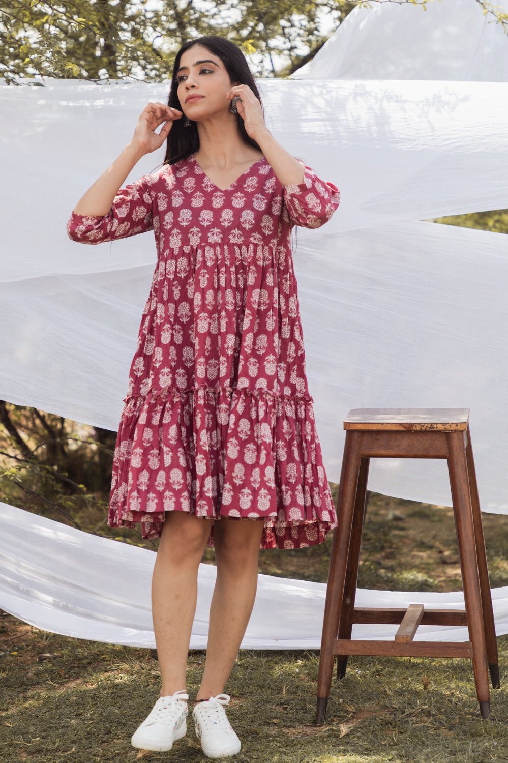 Pink V Neck Block Print Graduated Dress