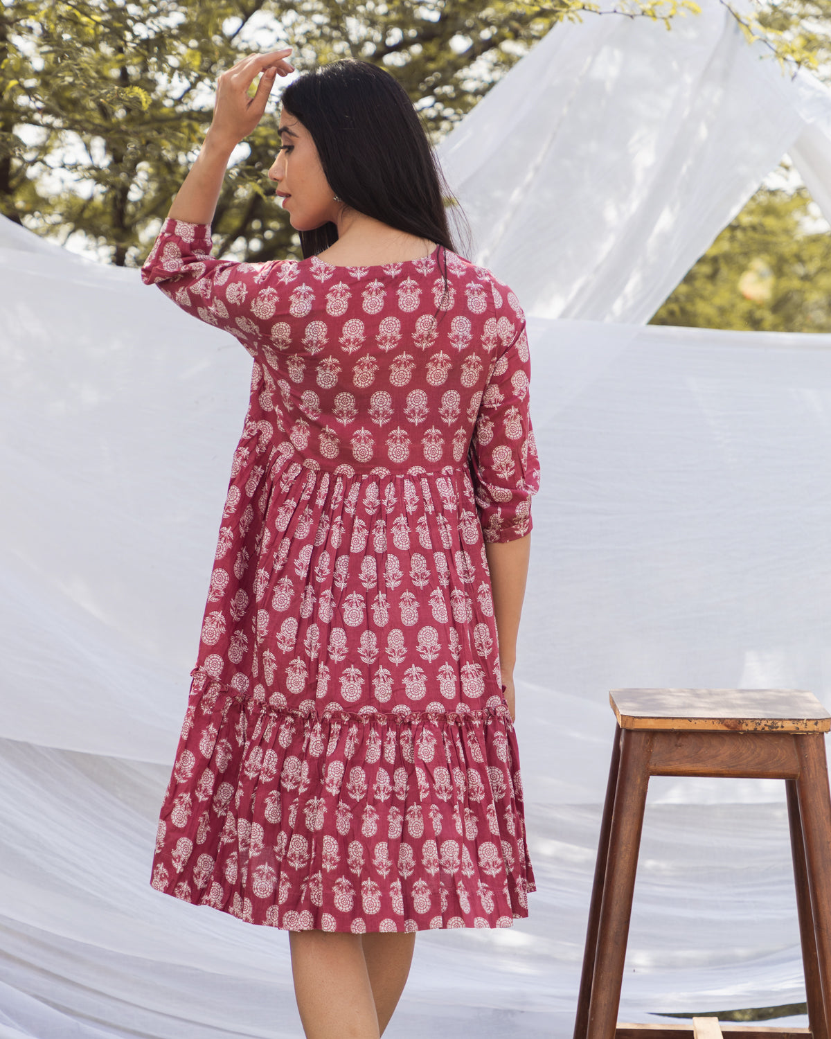 Pink V Neck Block Print Graduated Dress