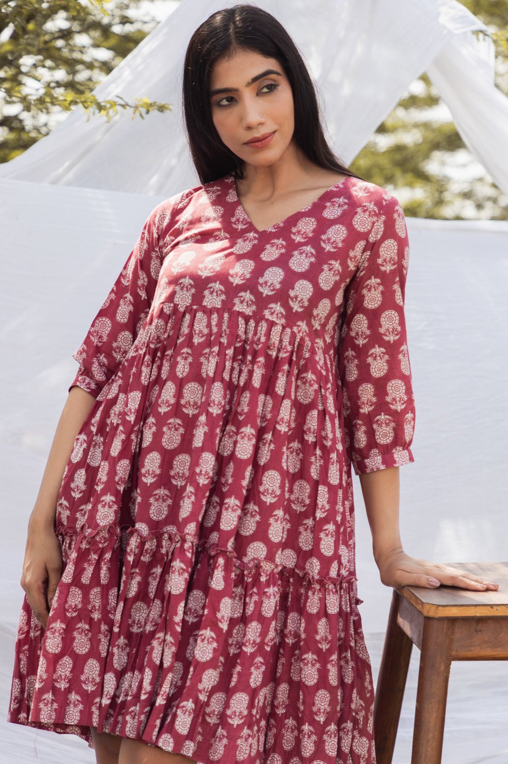 Pink V Neck Block Print Graduated Dress