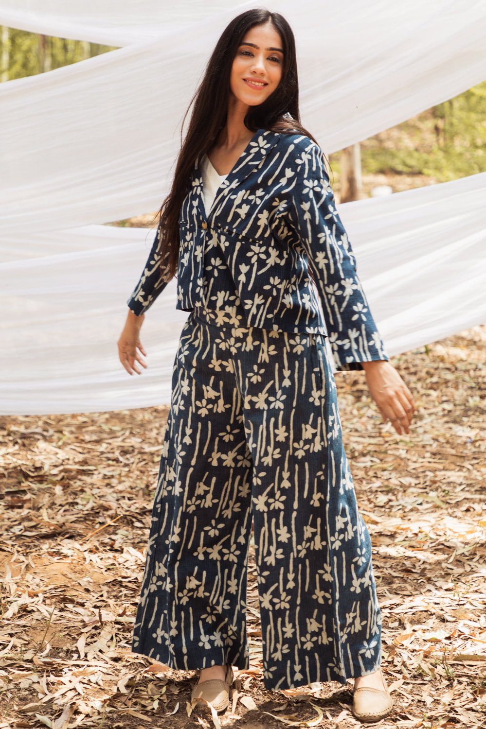 Indigo Floral Elegance: Summer Blazer Co-ord Set