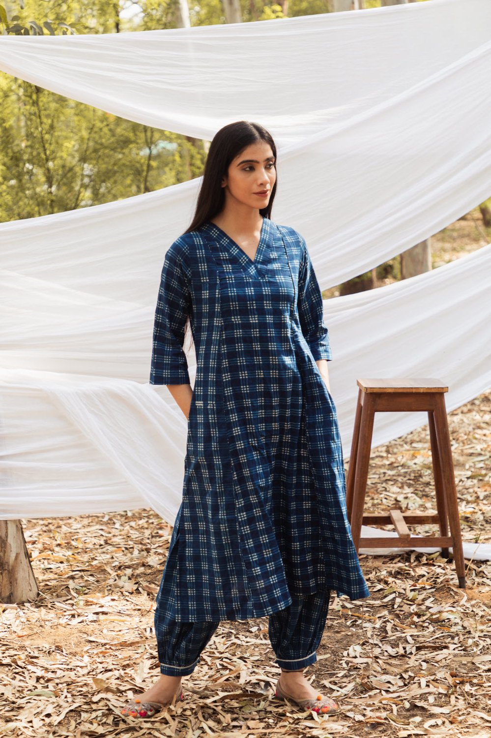 Maira V Neck Indigo A Line Kurta with Harem Pant
