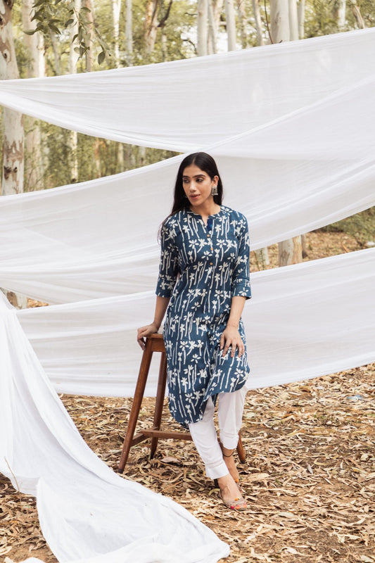 Samiya Handblock Indigo Floral Long Kurta with White Pant - Set of 2