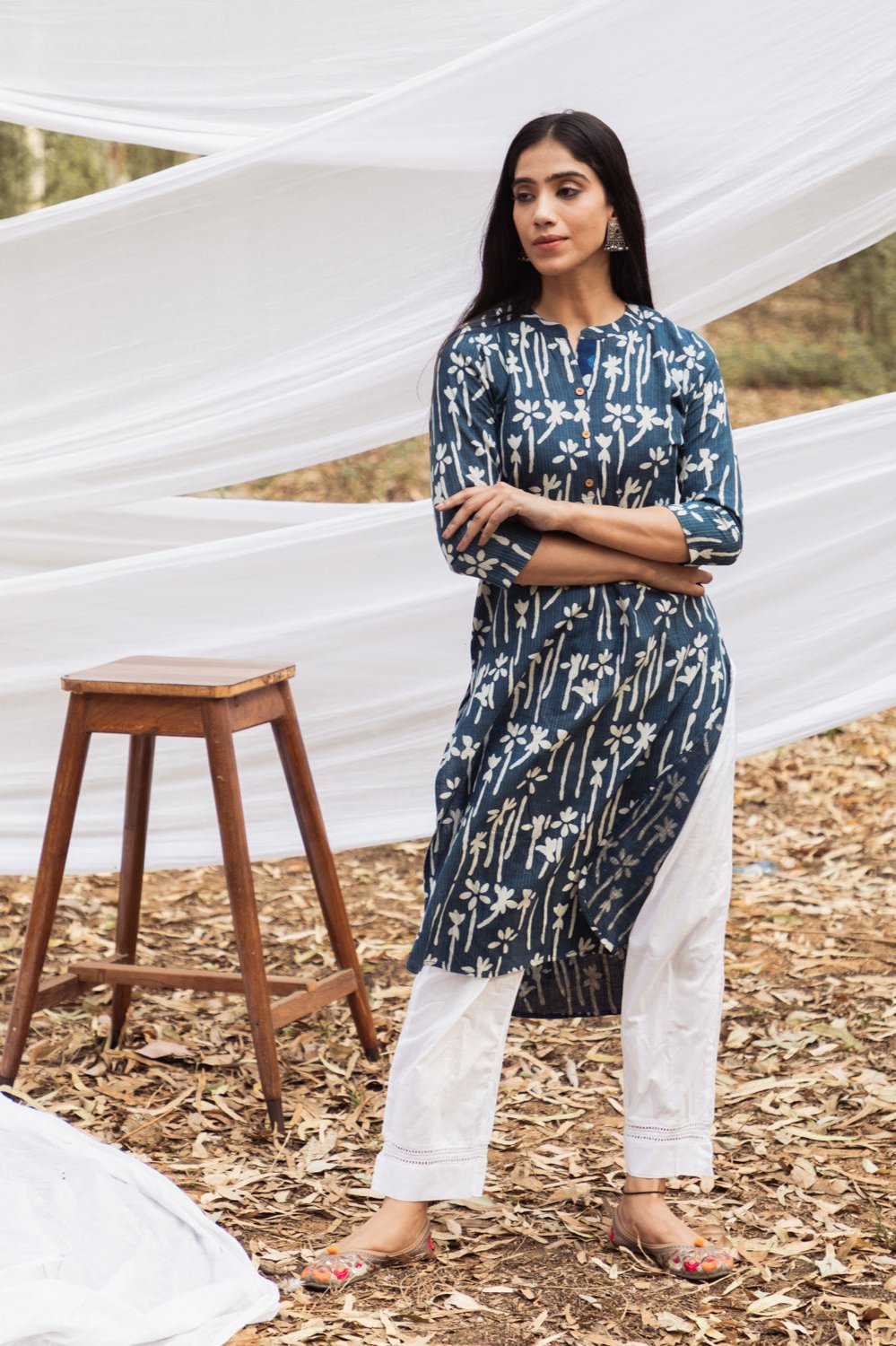 Samiya Handblock Indigo Floral Long Kurta with White Pant - Set of 2
