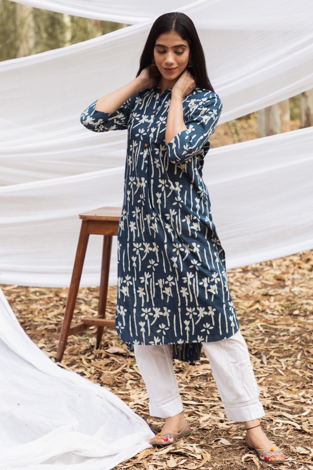 Samiya Handblock Indigo Floral Long Kurta with White Pant - Set of 2
