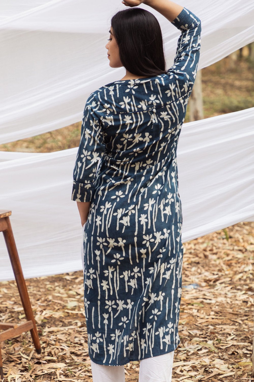 Samiya Handblock Indigo Floral Long Kurta with White Pant - Set of 2