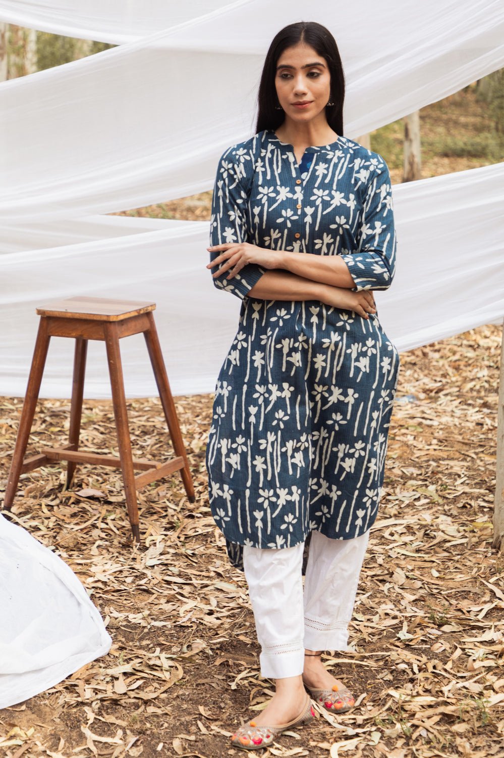 Samiya Handblock Indigo Floral Long Kurta with White Pant - Set of 2