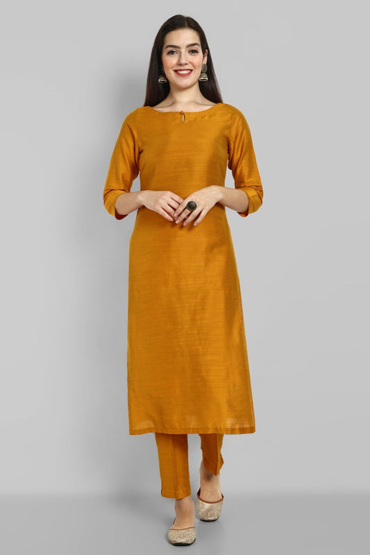 Mustard Cotton Silk Kurta with Elasticated Pant - Set of 2