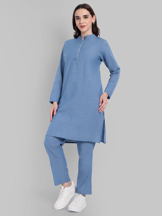 Sui Dhaga Sky Blue Straight Fit Kurta with Mandarin Collar Set of 2