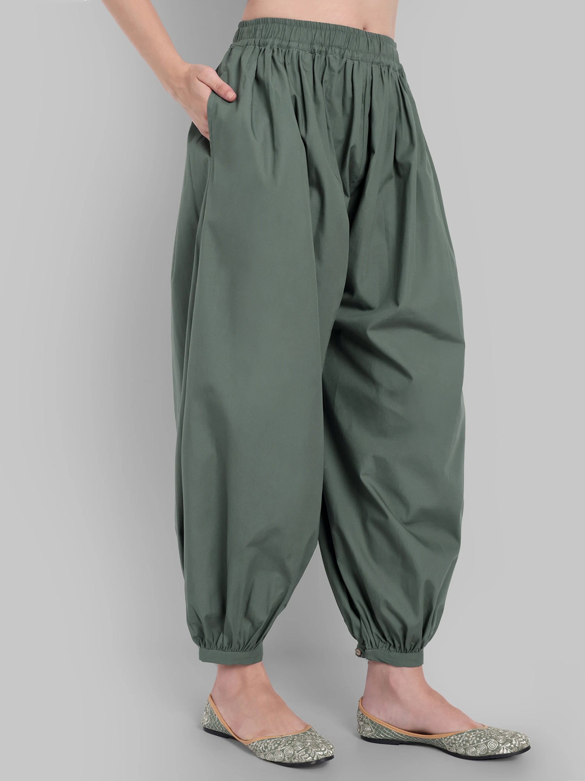 Olive Green Solid Shirt Collar Kurta with Harem Pants Set