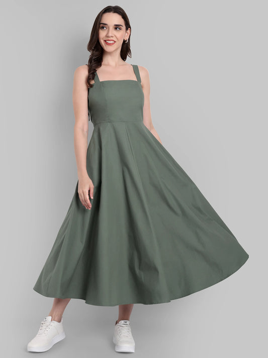 Olive Green Sleeveless A-Line Midi Dress
