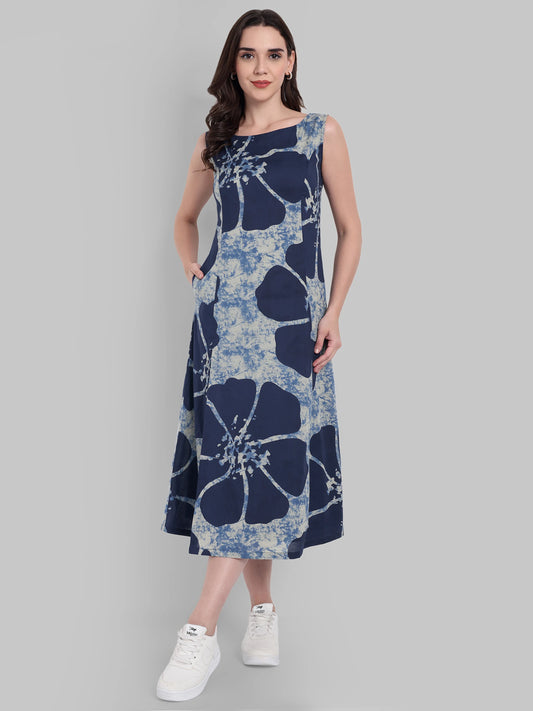 Lopa Indigo Floral Print Sleeveless Midi Dress