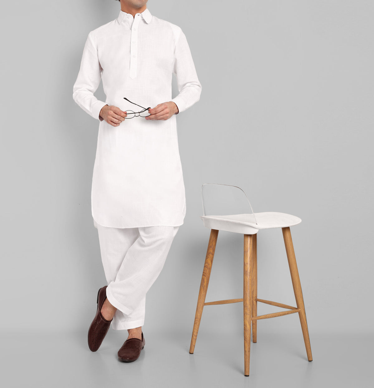 White Cotton-Linen Pathani Suit