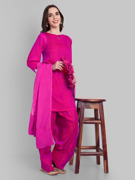 Hot Pink Kurta with Farshi Salwar and Dupatta - Set of 3