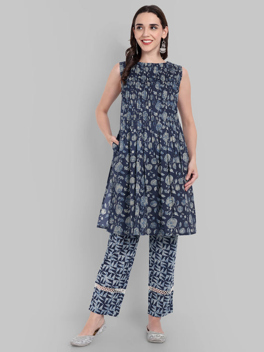 Indigo Floral Printed Sleeveless Kurta with Geometric Lace-Detail Pants