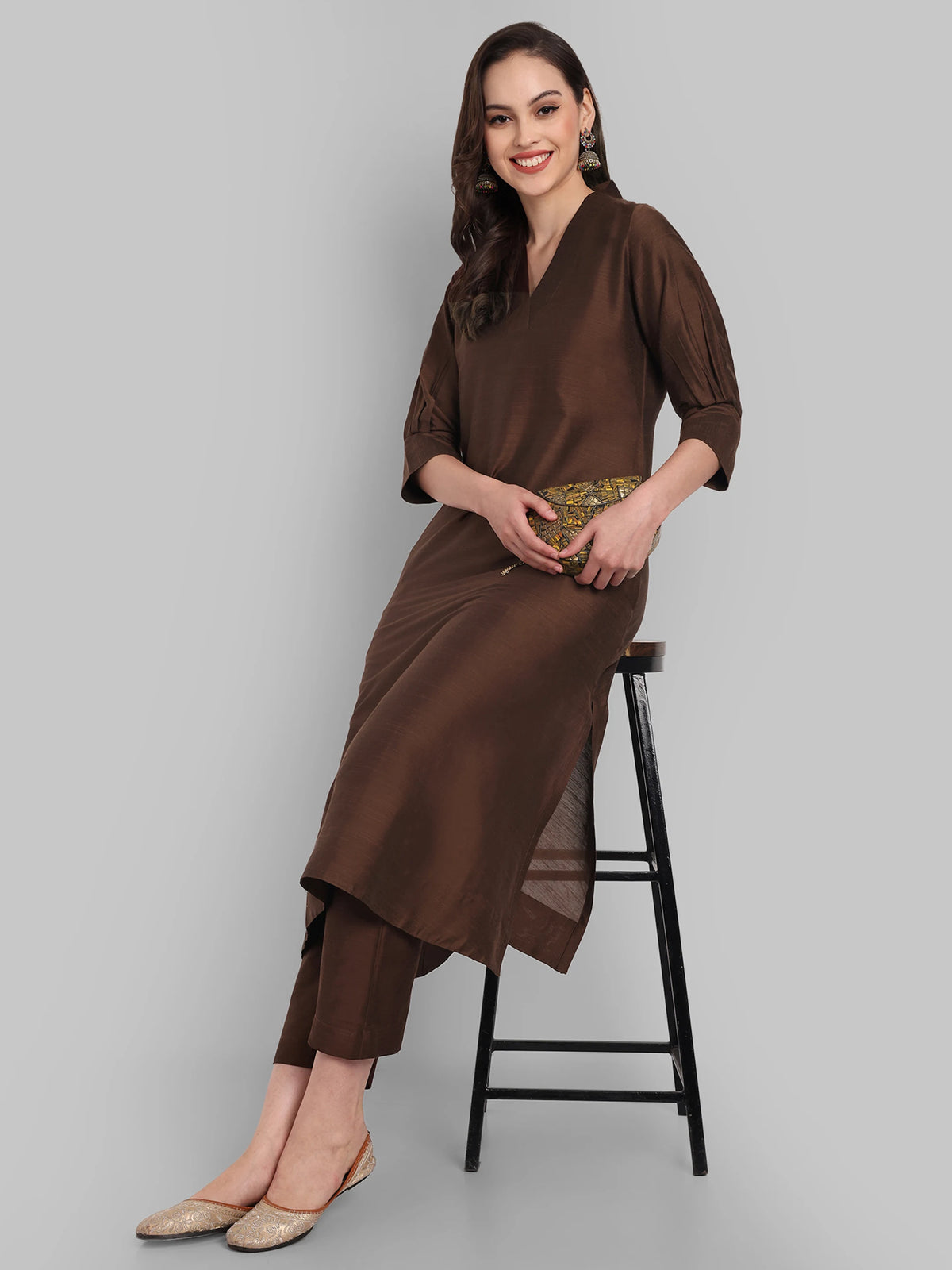 Suhana Brown V-neck Kurta & Pant - Set of 2
