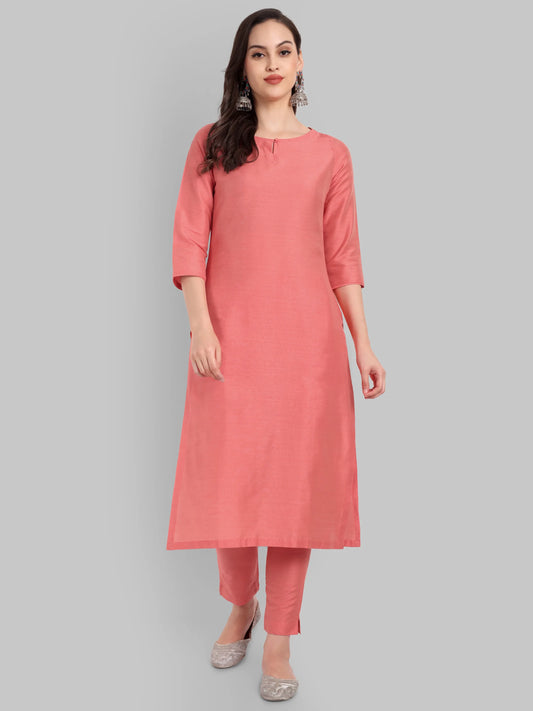 Boat Neck Peach Kurta & Pant-Set of 2
