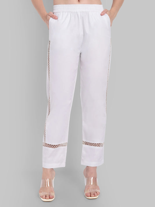 Classic White Straight-Fit Pants with Delicate Lace Inlays