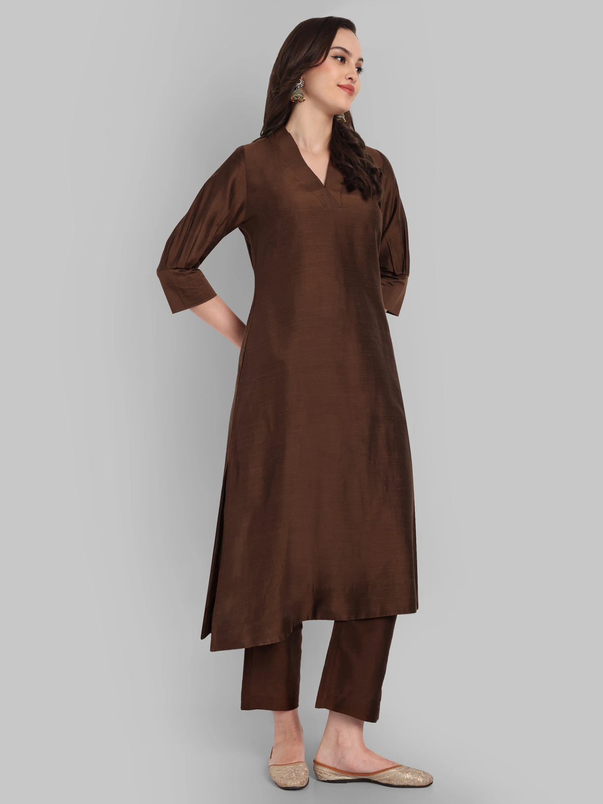 Suhana Brown V-neck Kurta & Pant - Set of 2