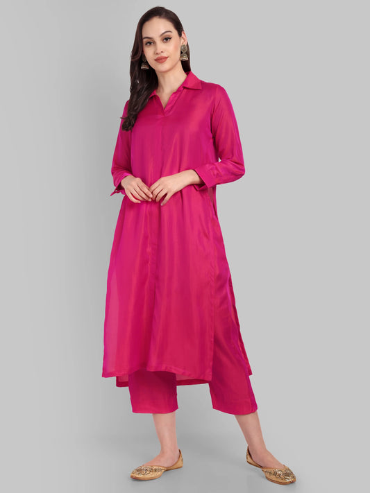 Hot pink shirt style collar kurta pant set