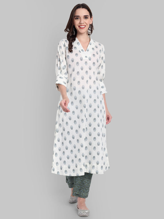 White Handblock A-Line Kurta with Printed Green Pants - Set of 2