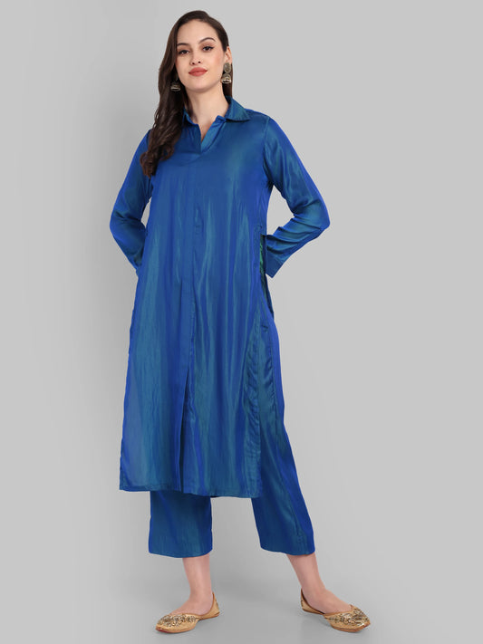 Ink Blue Shirt style Collar Kurta Pant Set
