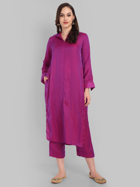 Purple Shirt style collar kurta pant set
