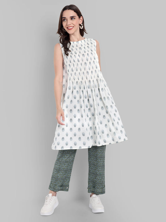 White Sleeveless Pintuck Kurta with Green Tapered Pants - Set of 2