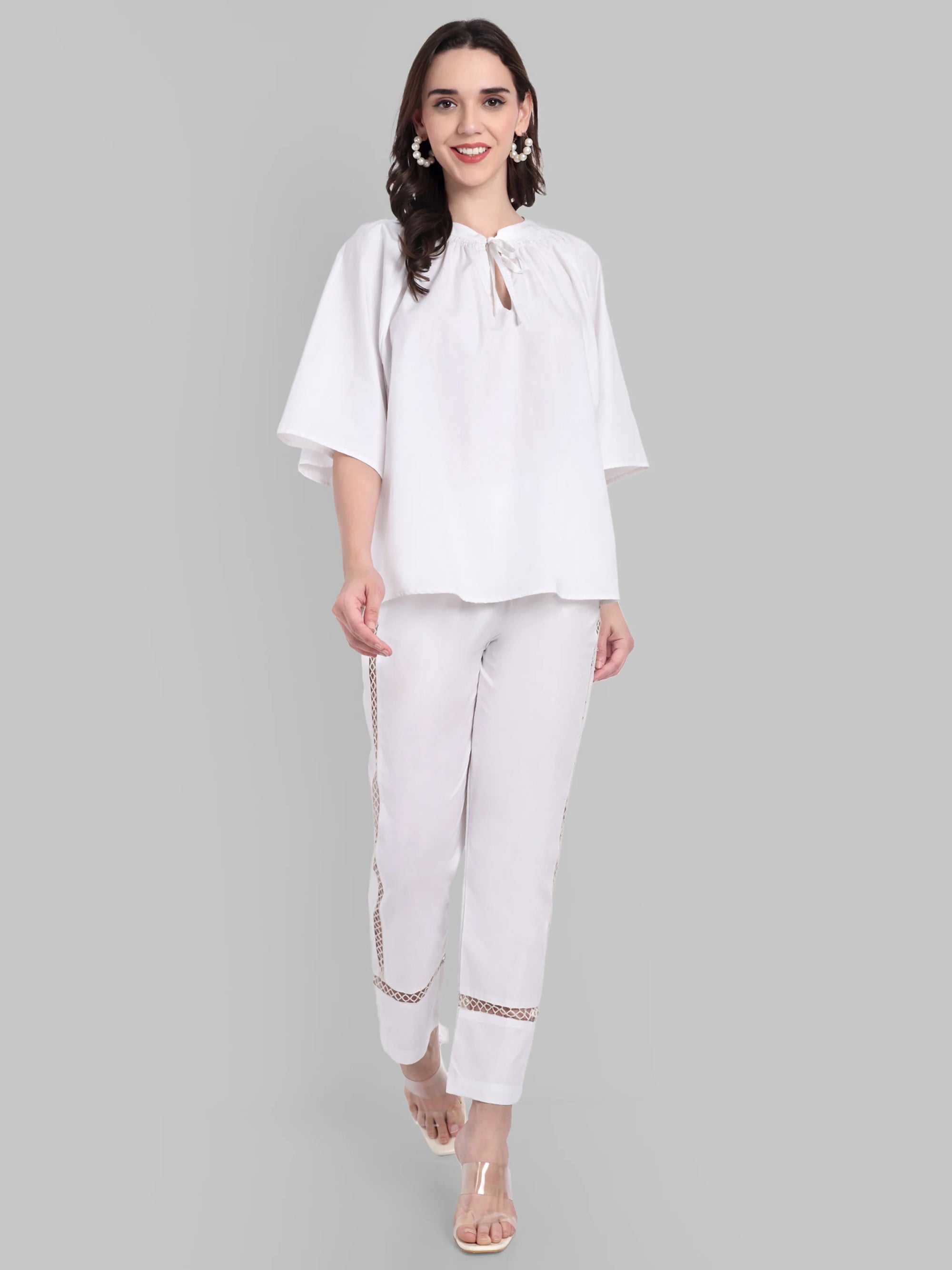 Classic White Straight-Fit Pants with Delicate Lace Inlays