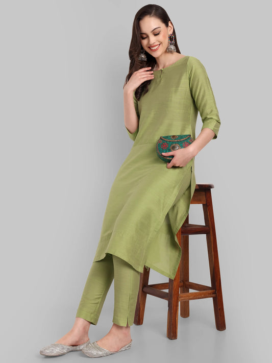 Boat Neck Light Green Kurta & Pant - Set of 2