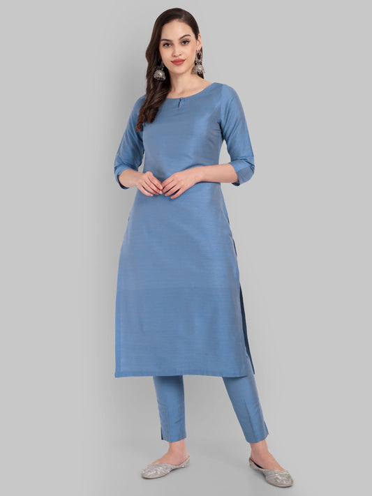 Boat Neck Light Blue Kurta & Pant Set