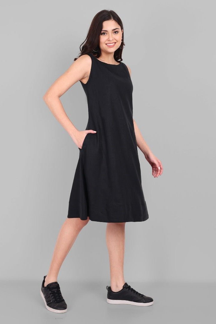 A-line Black Linen Knee Length Dress - Black Linen Dresses Mera Rang A-line Black Linen Knee Length Dress - Black Linen Dresses Mera Rang