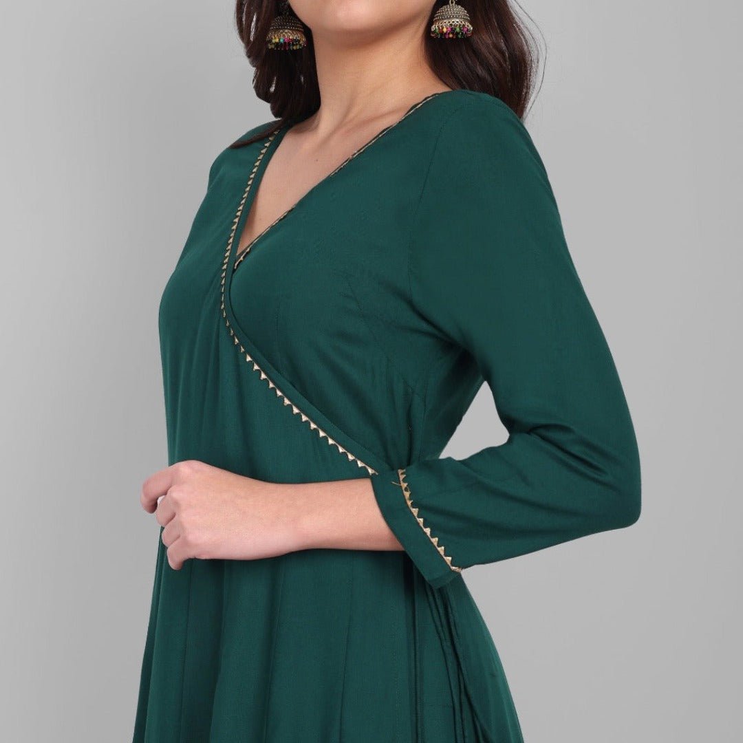 Women's Green Angrakha Kurta With Pant And Dupatta