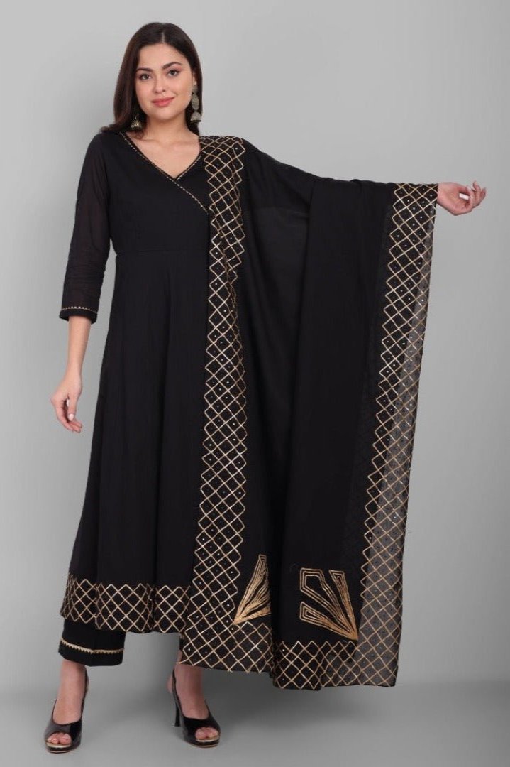Black Angrakha Kurta with Dupatta Set