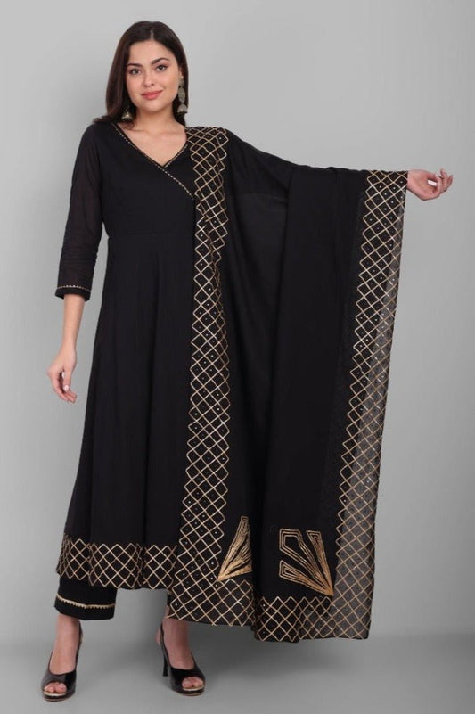 Black Angrakha Kurta with Dupatta Set