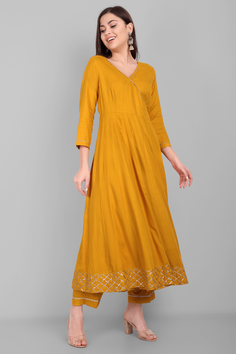 Yellow Pure Cotton Angrakha Anarkali Kurta