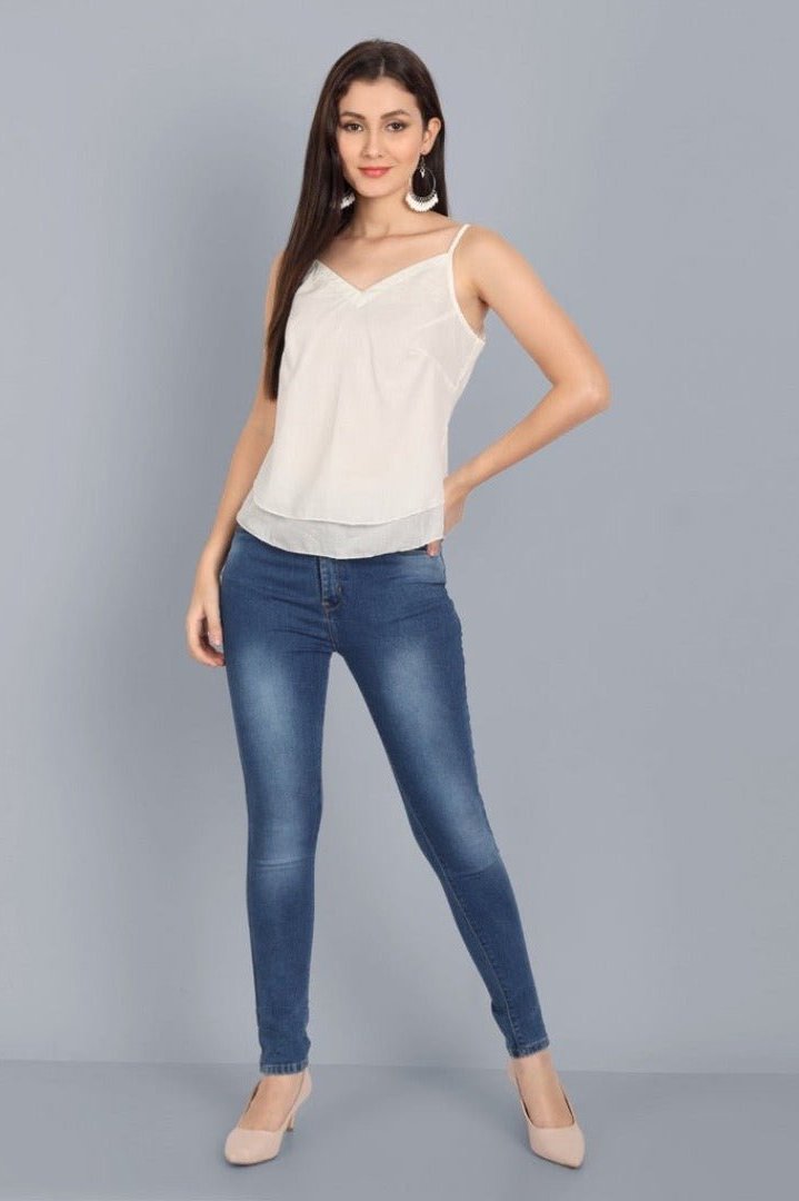 Basic Noodle strap White Double Layered Mul Cotton Top