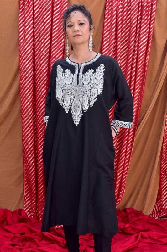 Black Phiran with Silver Tilla Embroidery