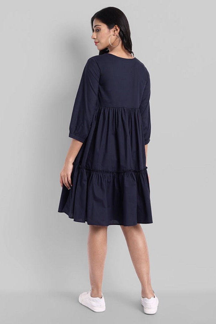 Blue Mul Cotton Graduated V-Neck Dress