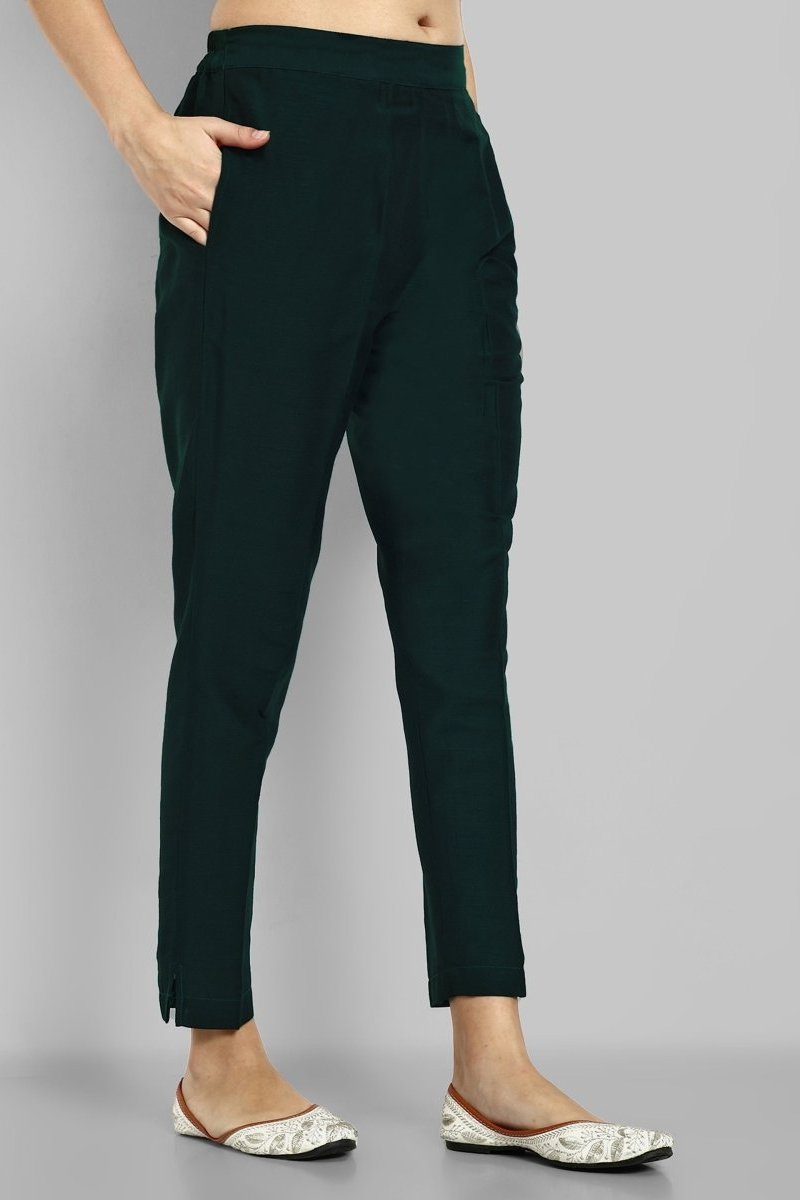 Bottle Green Straight Cotton Silk Pant with Pockets